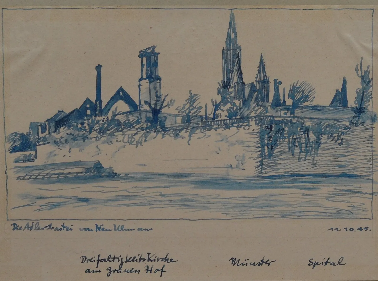 Blaue Zeichnung der zerstörten Dreifaltigkeitskirche, im Hintergrund das stehen gebliebene Münster